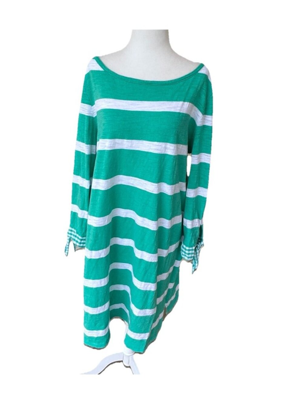 Crown And Ivy Green and White Striped Knit Dress Gingham Sleeve Detail Women XL